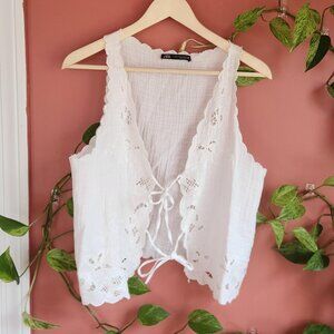 Zara Embroidered Cotton Muslin Top with Ties NWOT